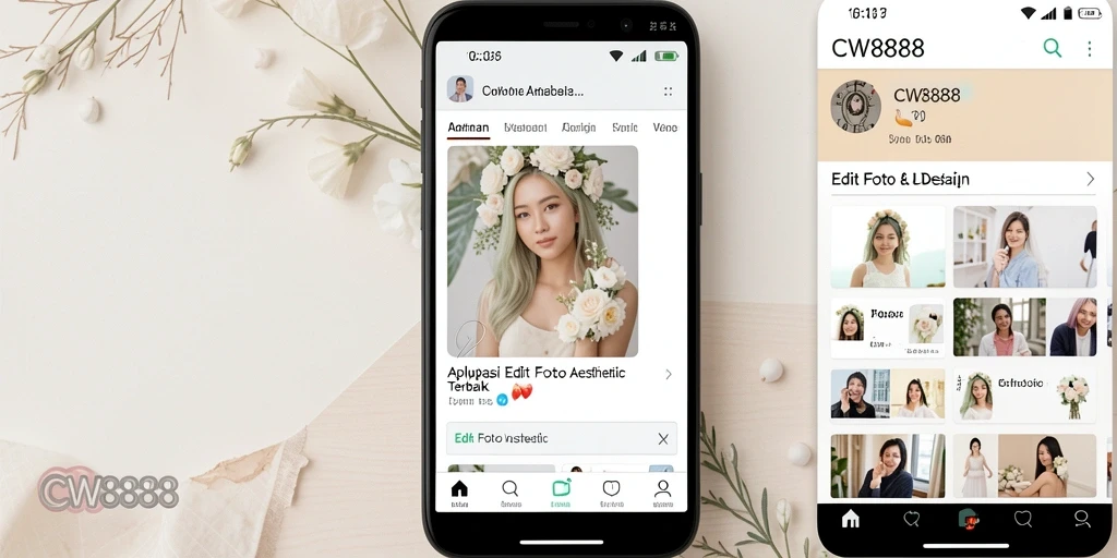 Screenshot aplikasi CW8888 dengan berbagai fitur edit foto estetis.