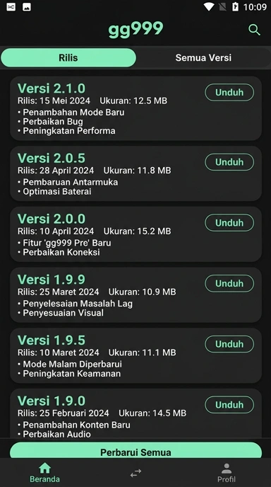 Tampilan riwayat versi gg999